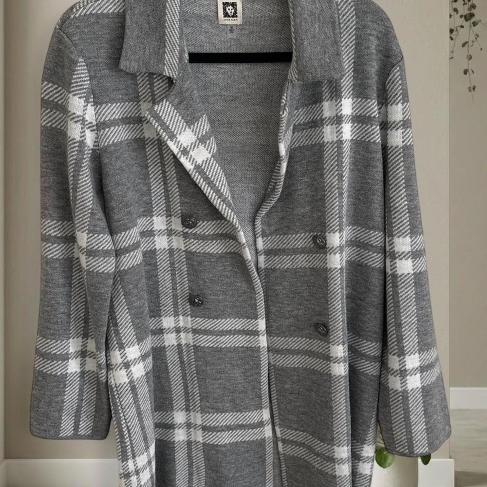 Anne Klein Grey and white plaid button-up sweater #plaid